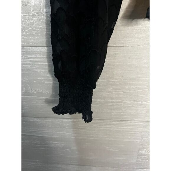 Black Textured Long-Sleeve Smocked Waist Top With Lace Details & Ruffled Necklin - Picture 4 of 8